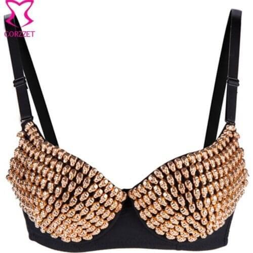 Corzzet Gold Skull Studded Bra Push Up Steampunk Underwear Women Sutia Clubwear Dance Bras Sexy Beach Bikini Top Gothic Lingerie
