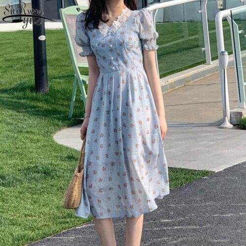 Casual Vintage Puff Sleeve Party Dress Women Floral Summer Dress Lace Chiffon Printing V Neck Fashion Dress Vestidos New 13574
