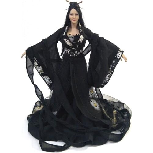 1/ 6 Scale Female Ancient Chinese Style Black Peacock Embroider Long Dress Clothing Accessories For 12 Inch Action Figure Dolls