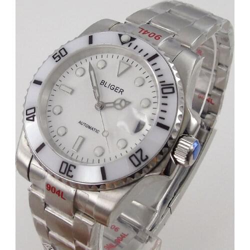 Bliger 40mm White Mens Mechanical Watch Japan NH35/NH35A/Miyota 8215 Automatic Movement Date Sapphire Glass 904L Steel Bracelet