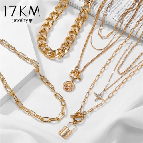 17KM Fashion Star Lock Pendant Necklace for Women Vintage Thick Chunky Chain Choker Multilayer Coin Necklaces Jewelry Gifts