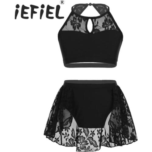 Little Kids Children Keyhole Halter Lace Dance Crop Top with Tutu Dress Dancewear Set for Lyrical Modern Contemporary Dance
