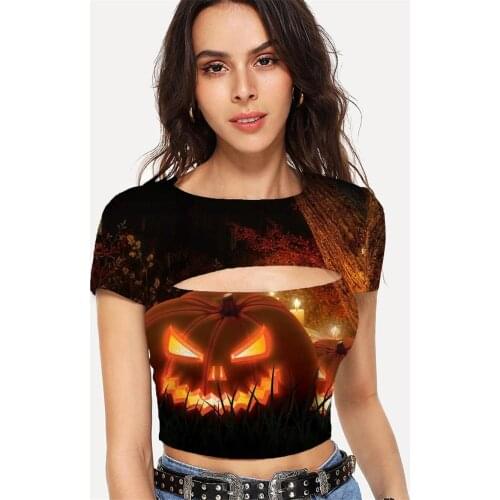 Somepet Halloween T-shirt Women Pumpkin Navel Bare Tree T-shirts 3d Jesus Hollow Out T shirts Short Sleeve Summer Short