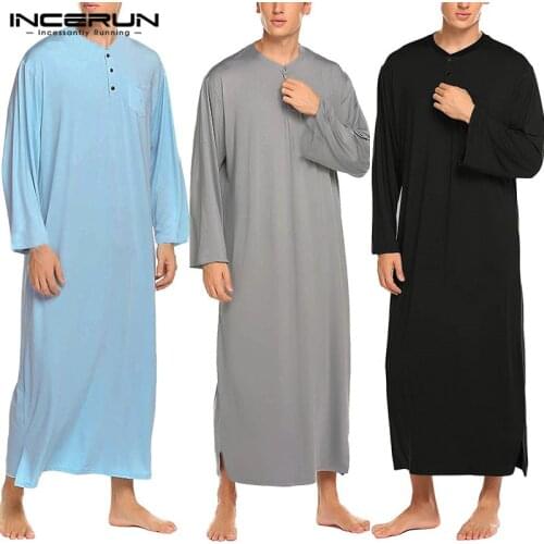 INCERUN Men Robes Pajamas Long Sleeve Leisure Solid Color Homewear Comfortable O Neck Bathrobes Mens Kaftan Dressing Gown 2021