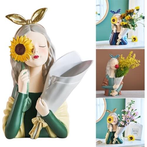 Creative Planter Pot Girl with Bouquet Vase Resin Figurine Flower Pot Ornament for Home Flower Arrangement GQ