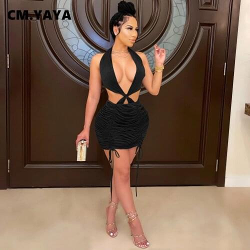 CM.YAYA Women Mini Dress Solid Halter Bandage Shirring Backless Sexy Dresses for Ladies Night Club Party Vestidos Summer Outfits
