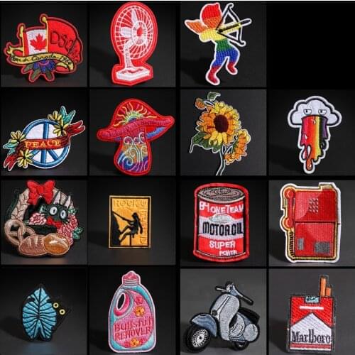 Cartoon Leaf Cat Embroidered Patches Iron On Sunflower Motorcycle Appliques 3D Diy Mushroom Campanula Clothes Stickers