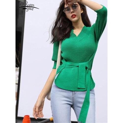 2021 Autumn Womens Korean Slim Candy Color Sweater Elegant Tie Waist Bubble Sleeves V-neck Collar Fork Sweater Knitwear 16488