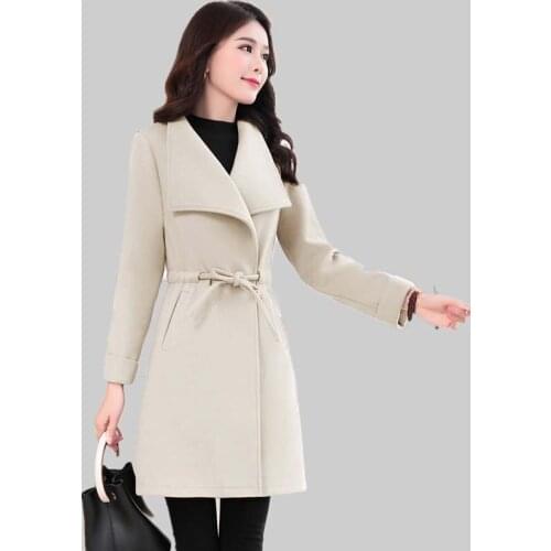 Autumn and Winter Clothing Plus Size Woolen Coat Womens Mid-length Chic Solid Color Loose Drawstring Slim Jacket Casaco Y135