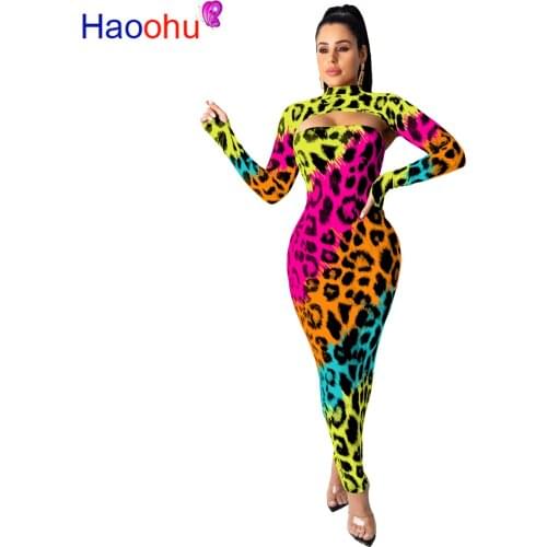 HAOOHU Sexy Camo Leopard Two Piece Set Women Fall Festival Clothing Crop Top and Off Shoulder Maxi Dress 2 Piece Club Outfits