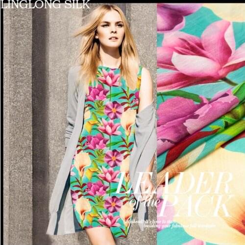 SILK LINEN FABRIC 14m/m Width 55"-140cm30%Natural Silk+70%Linen Dress Fabrics 2016New Digital Printing Pink Floral Fabric