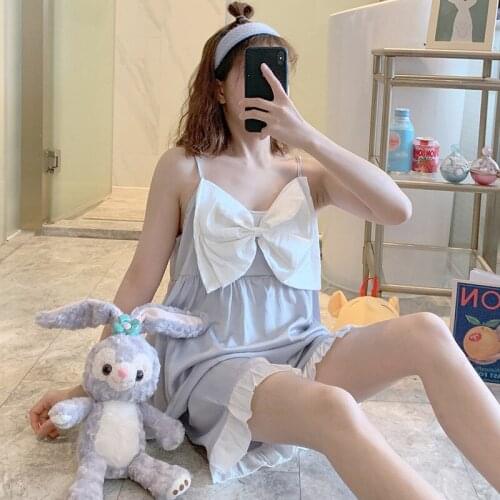 Sling ice silk pajamas women summer light blue 2021 new silk two-piece suit thin spring home service