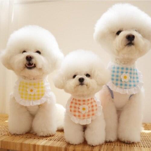 Ins Korea Cute Puppy Dog Plaid Flower Bib Pet Saliva Towel Bichon Teddy Hiromi Bib Cat