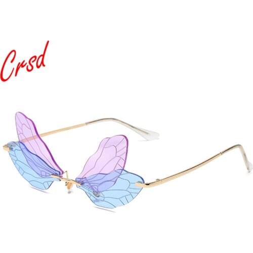 CRSD Fashion Rimless Wings Sunglasses Women Vintage Punk Cool Gradient Dragonfly Steampunk Party Gorgeous Sun Glasses For Female