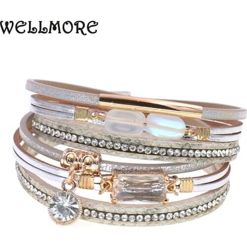 WELLMORE NEW fashion glass bracelet leather charm bracelets for women Luxury Wedding Statement Jewelry Wholesale drop shipping