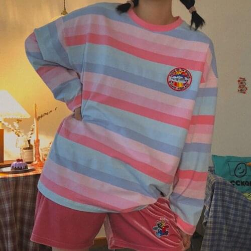 T-shirt Women Long Sleeve Rainbow Color Striped Sweet Tee Top Autumn Loose Round Neck Tunic Leisure Female Clothing Harajuku