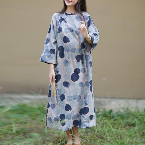 Johnature Women Vintage Cotton Dresses O-Neck Long Sleeve Loose Robes 2021 Spring New Print Dot Female Clothes Button Dresses