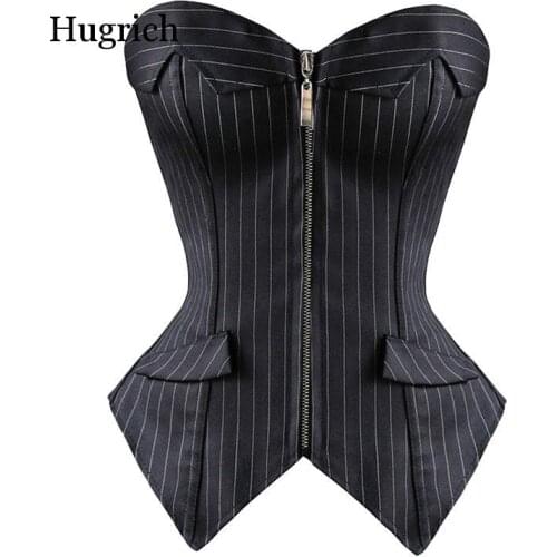 Sexy Black Striped Overbust Corset Office Lady Corselet Sexy Women Zip Corset Bustier Strapless Tops Costume Fashion
