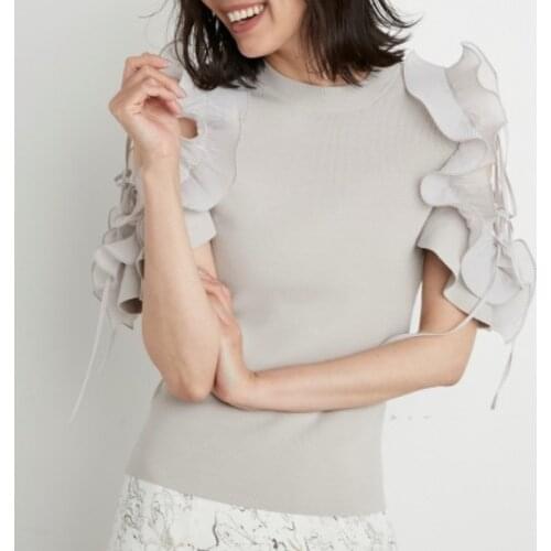 2021 Summer Pleated Ruffles Off-shoulder Sweaters Japan Style Elegant Temperament O Neck Women Pullovers Knitted Slim Fit Tops