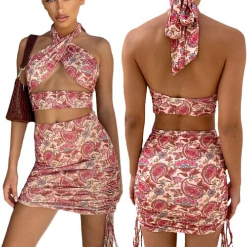 Women’s Vintage Printing Vest Sexy Cross Halter Bandage Hollow Exposed Navel Slim Fit Camisole Summer 2021