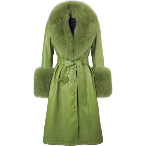 YOLOAgain Plus Size Coat Women Real Fox Fur Collar Long Genuine Leather Coat Trench