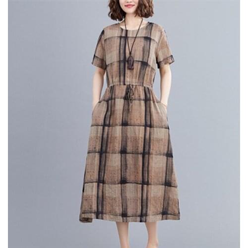 2021 New Arrival Loose Summer Dress Print Plaid Slim Waist Holiday Outdoor Travel Casual Dress Cotton Linen Women Vintage Dress
