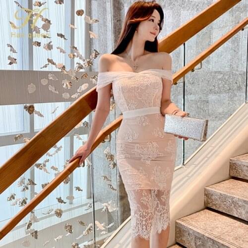 H Han Queen New Summer Womens Vintage Lace Dresses Office Bodycon Pencil Sheath Dress Elegant Simple Slash Neck Party Vestidos