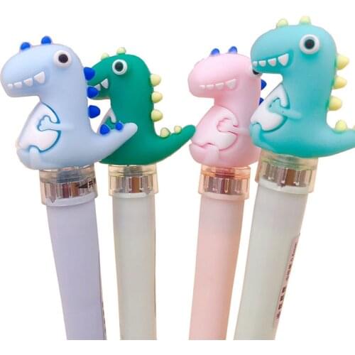 1pcs Cartoon Dinosaur Gel Pen Novelty Spin Silicone Head LED Lights Cute Kawaii Student Writing 0.5mm Stationery Neutral Pen