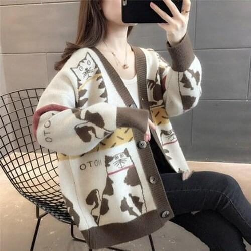 2021 autumn and winter fashion new womens sweater cardigan womens long-sleeved v-neck cartoon pattern sweater casual