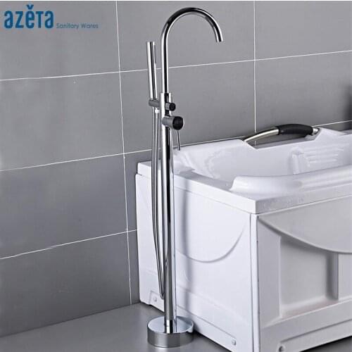 Azeta Chrome Bathtub Faucet Bathroom Floor Standing Bath Tub Mixer Tap With Hand Shower Bathtub Tap Shower Faucet Set MK6611