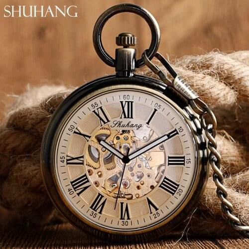 SHUHANG Classic Mechani Pocket Watches Mens Womens Gift Self Winding Copper Bronze Automatic Watch Exquisite Fashion Fob Chian