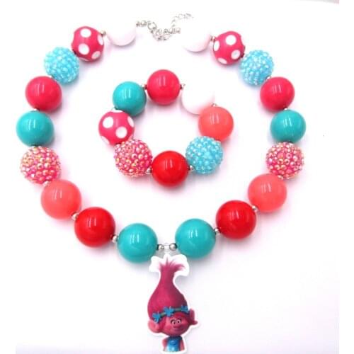 Child Girl Resin Poppy Trolls Elf Pendant Chunky Bubblegum Necklace Bracelet Jewelry Set For Baby Hallowmas Party Outfits Gifts