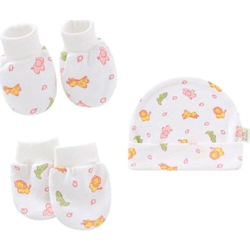 Baby Cartoon Anti-scratch Gloves Hat Foot Cover Set Handguard Cotton Mittens Beanie Cap Socks Kit for Infant Newborn