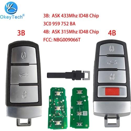 OkeyTech Remote Car Key 3/4 Buttons ASK 315/433MHz ID48 For VW For Volkswagen Passat 2006-2015 for CC, NBG009066T 3C0 959 752 BA