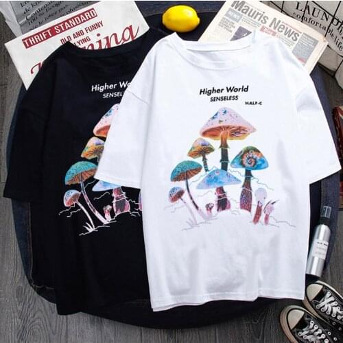 Harajuku Colorful Mushroom Print T-shirt casual Streetwear Summer Casual Pullover T-shirt Hip Hop Female Fun Vintage Fashion Top