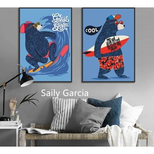 Cartoon Surfer Master Cool Bear Poster Modern Kids Room Wall Art Print Picture Home Decor Canvas Painting No Frame