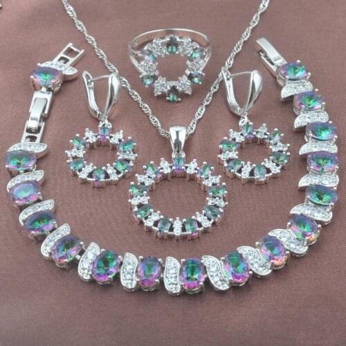 Bridal Jewelry Sets Women Costume Jewelry Silver Color Rainbow Zirconia Earrings Necklace Pendant Rings Bracelet Set YZ0417