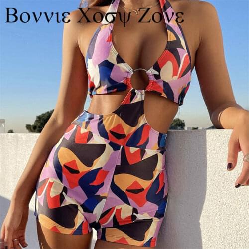 Summer Women Halter Color Block Splicing O-ring Cut-out Halter Sleeveless One-Piece Bikini Sets