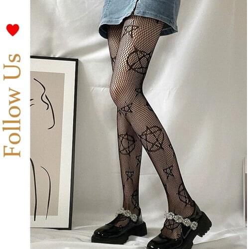 Fashionable five-pointed star pantyhose over the knee lace fishnet stockings personality Satanic fishnet stockings