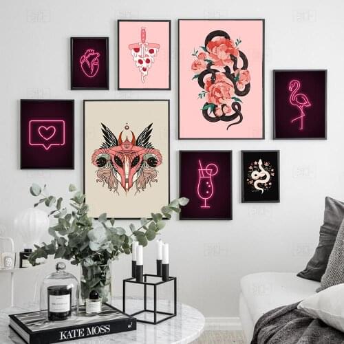 Neon Heart Art Print Boho Modern Drinks Pizza Snake Poster Woman Uterus Ovary Canvas Picture Bar Living Room Wall Decor Painitng