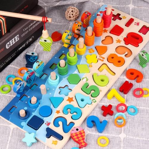 Montessori Educational Wooden Toys For Kids Board Magnetic Math Fishing Count Numbers Matching Shape Match Early Education Toy