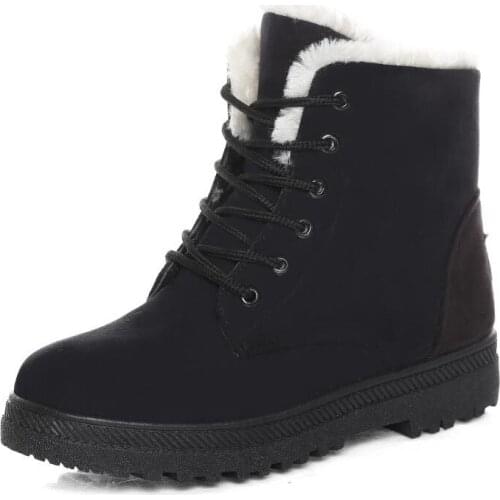 Lace-up solid shoes women snow boots 2021 fashion warm plush winter ankle boots women shoes lace-up round toe women boots