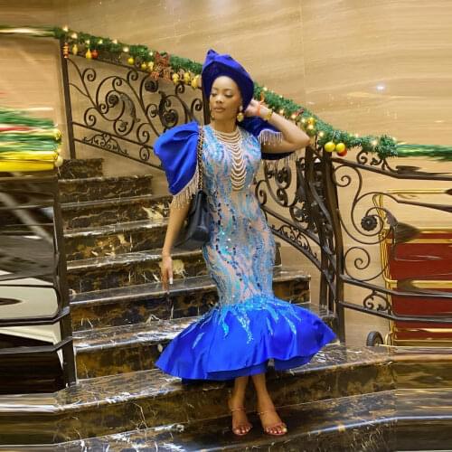 Major Beading Aso Ebi Mermaid Prom Dresses With Lace Appliques Pearls Women Mermaid Evening Dress Ankle Length robe de soiree