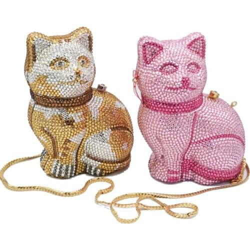 Pink Cat Animal Crystal Evening Bags Customized color Diamond Party Prom Purse Wedding Bridal banquet Handbags p10