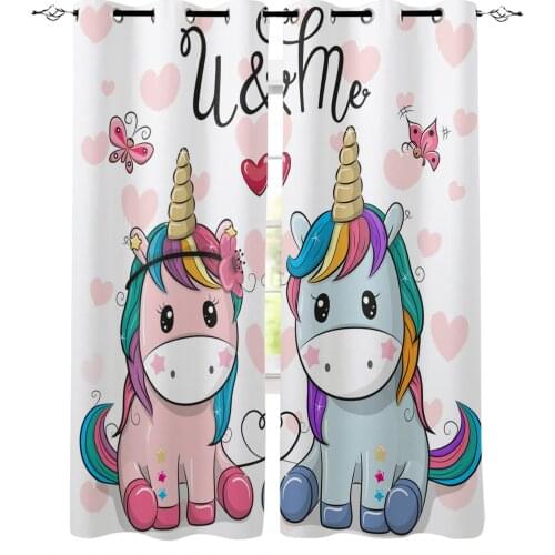 Pink Cute Unicorn Love Butterfly Cartoon Animal Windows Window Curtain for Kids Room Bedroom Curtain for Girls Colorful cortinas