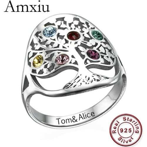 Amxiu Personalized Tree Ring with Birthstones Engrave Family Names Rings Customize 925 Silver Ring For Women Mother Gift Jewelry