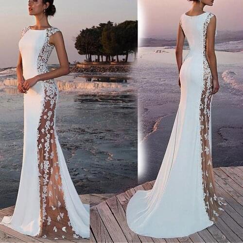 Summer White Bohemian Beach Mermaid Wedding Dresses 2019 Lace Satin Jewel Lapel Bridal Gowns Sweep Train Length Dress