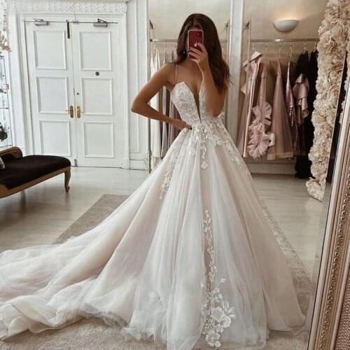 Boho Wedding Dresses V Neck A Line vestidos de noiva Lace Up Backless Elegant Bridal Gown Spaghetti Straps Simple платьe
