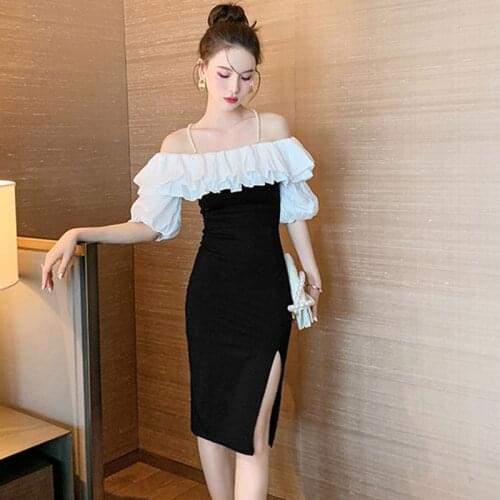 French Vintage Lantern Sleeve Midi Party Dress Ladies Coffee Break Elegant Sexy Strap Slash Neck Ruffle Pearl Split Beach Dress