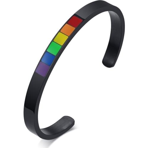 2021 LGBT Fashion U-shaped Stainless Steel Material Rainbow Epoxy C-shaped Open Simple Style Bracelet Suitable For Couples